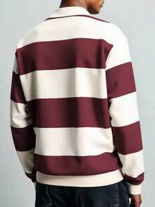 Manfinity Dauomo Men's Casual Fashionable Street Wear Everyday Commute Contrast Stripe & Knight Print Half-Zip Turndown Collar Loose Sweatshirt, Spring/Autumn - Red and White - View 2