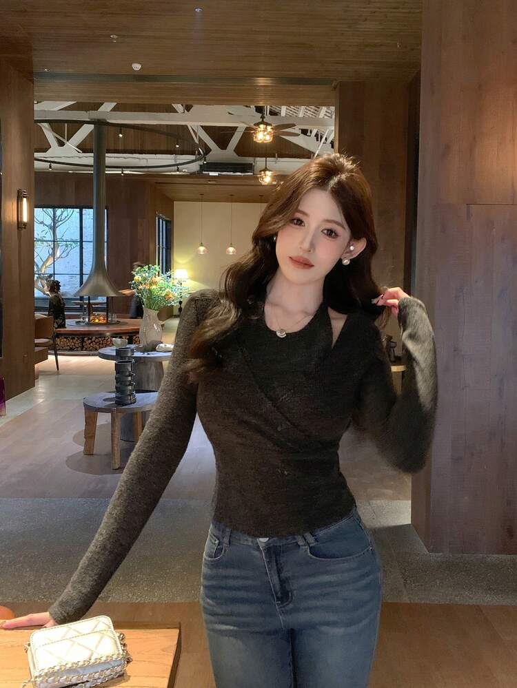 Women's Halter Neck Solid Color Niche 2 In 1 Casual Long Sleeve T-Shirt, Elegant Style For Autumn/Winter