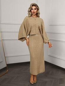 Xyvia 优雅卡其色提花麻花针织毛衣和直筒裙两件套，适合通勤，秋冬 - 卡其色 - 查看 6