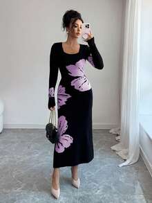 Elenzga Gaun Sweater Bodycon Rajut Jacquard Leher Persegi - Mauve Purple - View 3