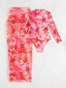 Swim Shayni Floral Tie Dye Tie Dye Print Long Sleeve Zipper Burkini, Waist Tie Printed Maxi Dress Swimsuit Set - Multicolor - View 5