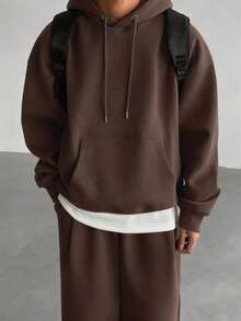 DAZY Men's Solid Color Hoodie Set With Thermal Lining, Brown, Autumn/Winter - Coffee Brown - View 4