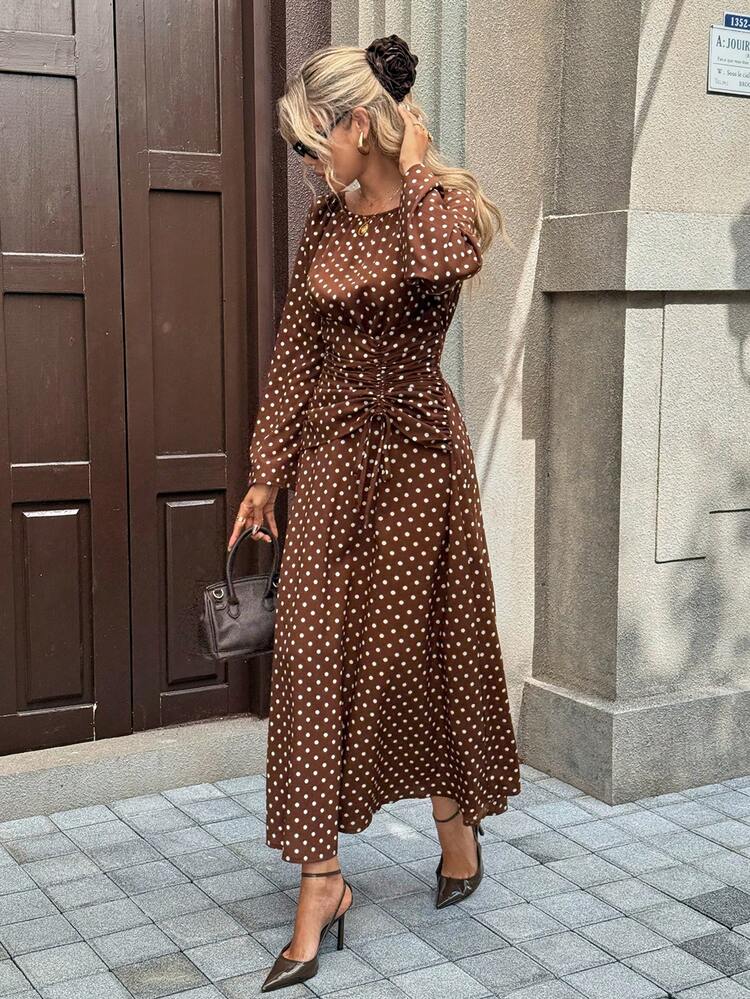 brown polka dot long sleeve dress Serisse Women's And White Dress,Elegant V-Neck Ruffled Long Drawstring Waist Casual Autumn Tea Party Dress,Christmas New Year 10% Nylon