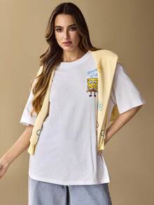 SpongeBob SquarePants | SHEIN Women's Casual Cute Cartoon Letter Graphic Loose Fit Drop Shoulder White T-Shirt, Summer - White - View 7