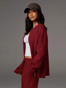 Athîral Bộ đồ mặc nhà 2 món thời trang thường ngày, đa năng, thoải mái, rộng rãi, dài tay cho nữ, bộ đồ mặc nhà cho nữ, bộ đồ mặc nhà thoải mái, bộ đồ mặc nhà màu hồng, bộ đồ mặc nhà dệt kim cho mùa thu/đông - Màu Đỏ Sâu - Xem 6