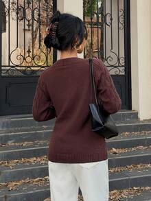 Lunelith SHEIN Lunessa تصميم جديد كنزة صوفية قصيرة بياقة على شكل حرف V مثيرة، باللون الرمادي، بأكمام طويلة مصنوعة من الأقمشة المحبوكة للنساء، للخريف