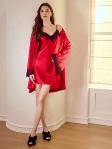 MOTF PREMIUM Set pijama elegant pentru femei, cu dantela în blocuri de culoare, legături în talie și halat de baie - roșu - Vizualizare 1