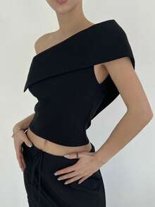 DAZY Áo thun trơn màu trơn vai chéo thường ngày mùa hè dành cho nữ - màu đen - Xem 4