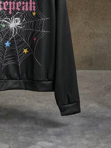AXEPEAK Men's Casual Halloween Spider Letter Star Print Drop Shoulder Loose Fit Thermal Lined Hoodie Sweatshirt, Autumn/Winter,Fleece, Long Sleeve Top - Black - View 4