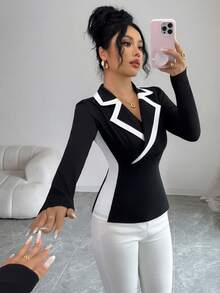 Elenzga 女士优雅修身针织拼接撞色翻领上衣/T恤，适合秋季、万圣节、圣诞节穿着。 - 黑與白 - 查看 7