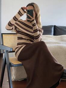 DAZY 2pcs/Set Women Off-Shoulder Striped Sweater, Autumn/Winter - Coffee Brown - View 6