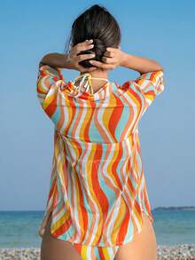 SHEIN Swim Damen 3-teiliges Bikini-Set mit Allover-Muster, Neckholder-Ausschnitt, getrenntem Top und Unterteil, Bikini-Set Outfit Badeanzug Badesachen Sommer, Sommer Strand