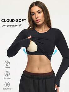 Eassivo Eassivo 女式纯色圆领长袖休闲健身运动T恤 - 黑色 - 查看 1