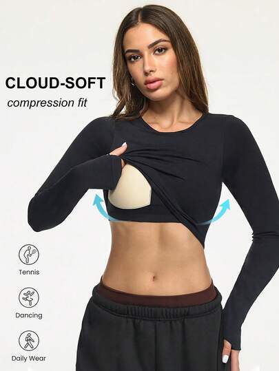 Eassivo Camiseta casual de fitness de manga larga y cuello redondo de unicolor para mujer