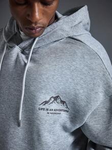 Driftmere 男士休闲街头野花山印花宽松抓绒连帽衫，引领时尚潮流，保暖舒适，适合运动户外，日常休闲运动上衣 - 深灰色 - 查看 7