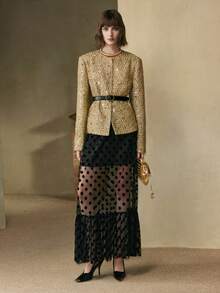 EMERY ROSE 女士亮片金属纱线面料圆领落肩长袖装饰花卉图案休闲外套 - 金色 - 查看 5