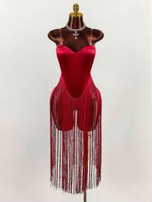 Amplova Váy dự tiệc hở lưng viền tua rua màu đỏ dành cho nữ - Đỏ - Xem 4