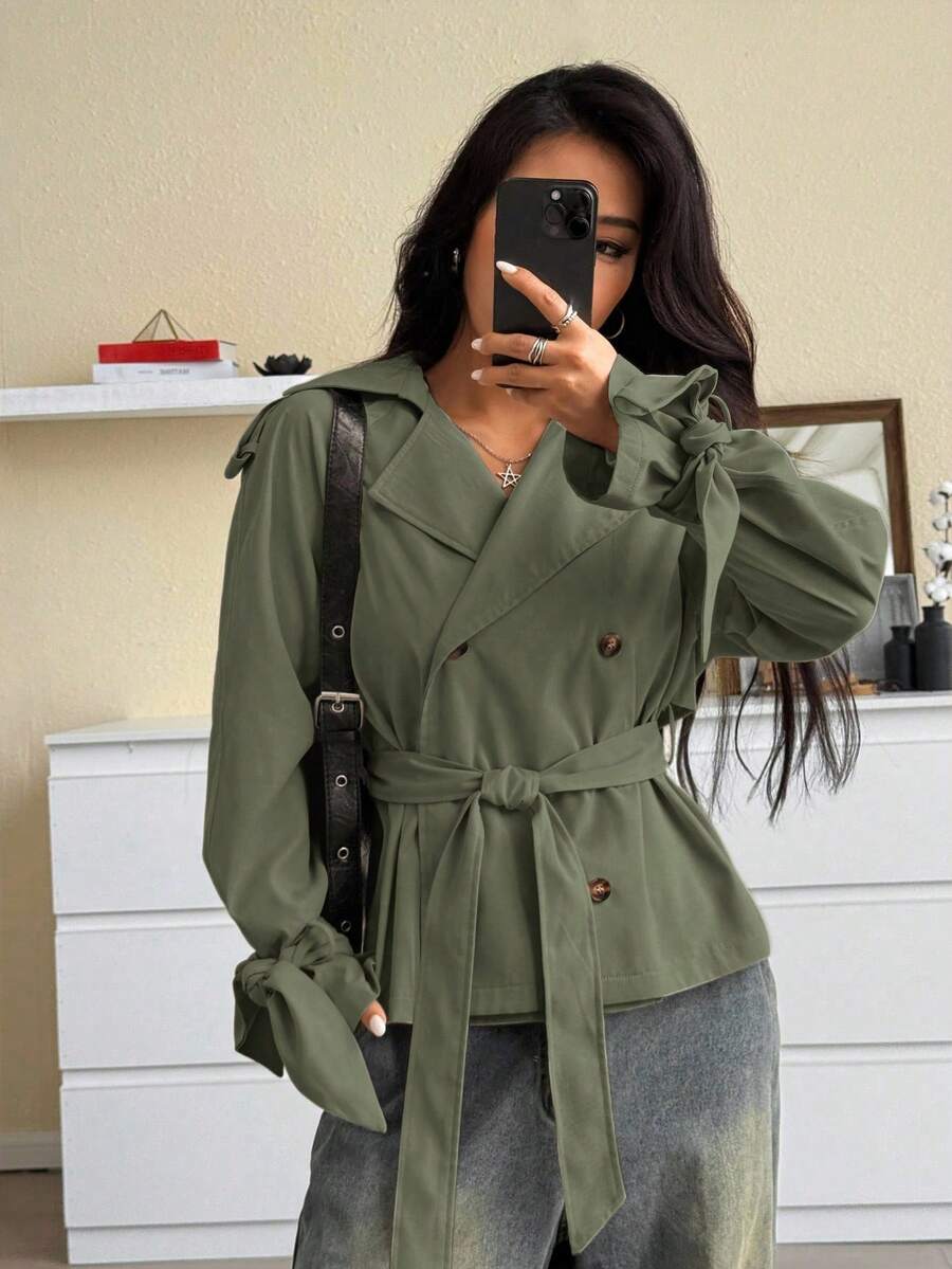 SHEIN EZwear 女式休闲纯色缺口领双排扣风衣，秋季 - 綠色 - 查看 1