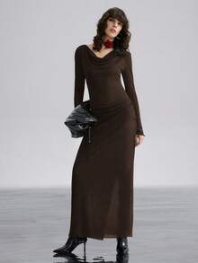 Airlisse 女士优雅U领连帽修身薄纱长袖连衣裙，适合派对穿着 - 棕色 - 查看 6