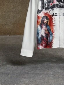 AXEPEAK Camisa Casual Masculina Estampa JESUS Fit Solto Manga Longa