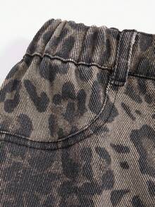 SHEIN Explorewe Tween Girls' Y2K Style Leopard Print Cargo Pants, Soft Washed Leopard Camouflage, Y2K Streetwear Fashion, Relaxed Fit With Accordion Pockets, Elastic Waist, Straight Leg, Cotton Denim Fabric, Suitable For Daily, Party, School, Commuting, Autumn/Winter New Arrival - Multicolor - View 3
