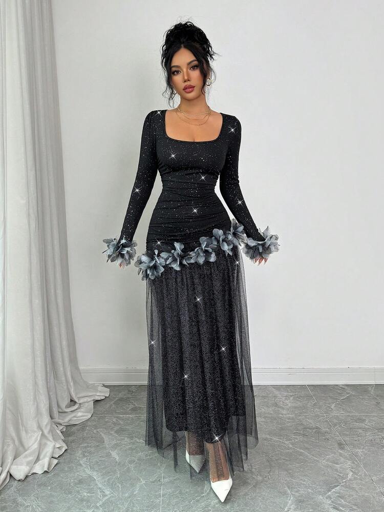 Elenzga New Arrival Romantic Vacation Design Floral Lace Trim Deep V-Neck Glitter Mesh Patchwork Dress For Women - Black - View 7