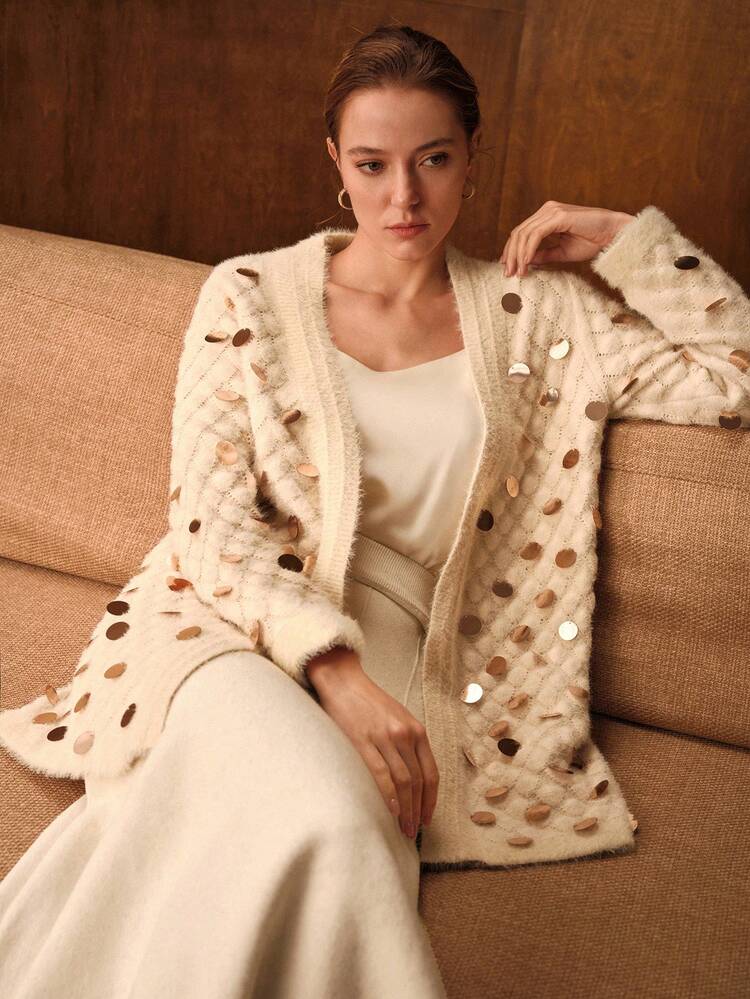 SEQUIN TEXTURE KNIT BELTED CARDIGAN