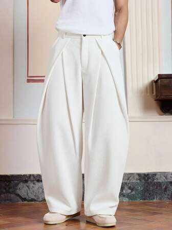 SWAVVY Men's Solid Color Pleated Waist Belt Loop Casual Loose Fashion Design Long Pants,Corduroy