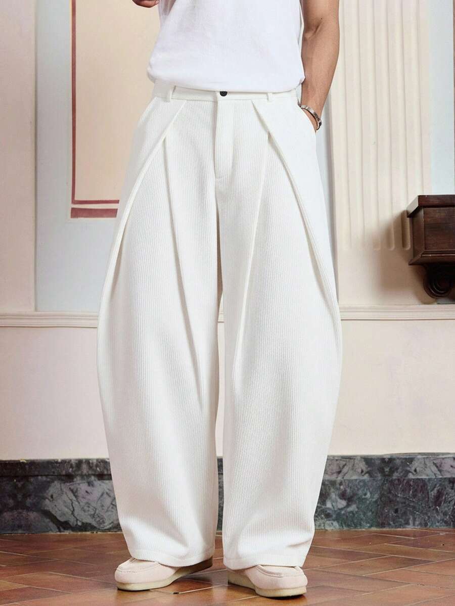 SWAVVY Men's Solid Color Pleated Waist Belt Loop Casual Loose Fashion Design Long Pants,Corduroy - White - View 1