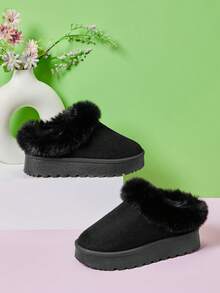 Mini mi #CozySteps 儿童黑色绒面革厚底木屐，带毛绒领口——温暖舒适的日常探险之选 - 黑色 - 查看 3