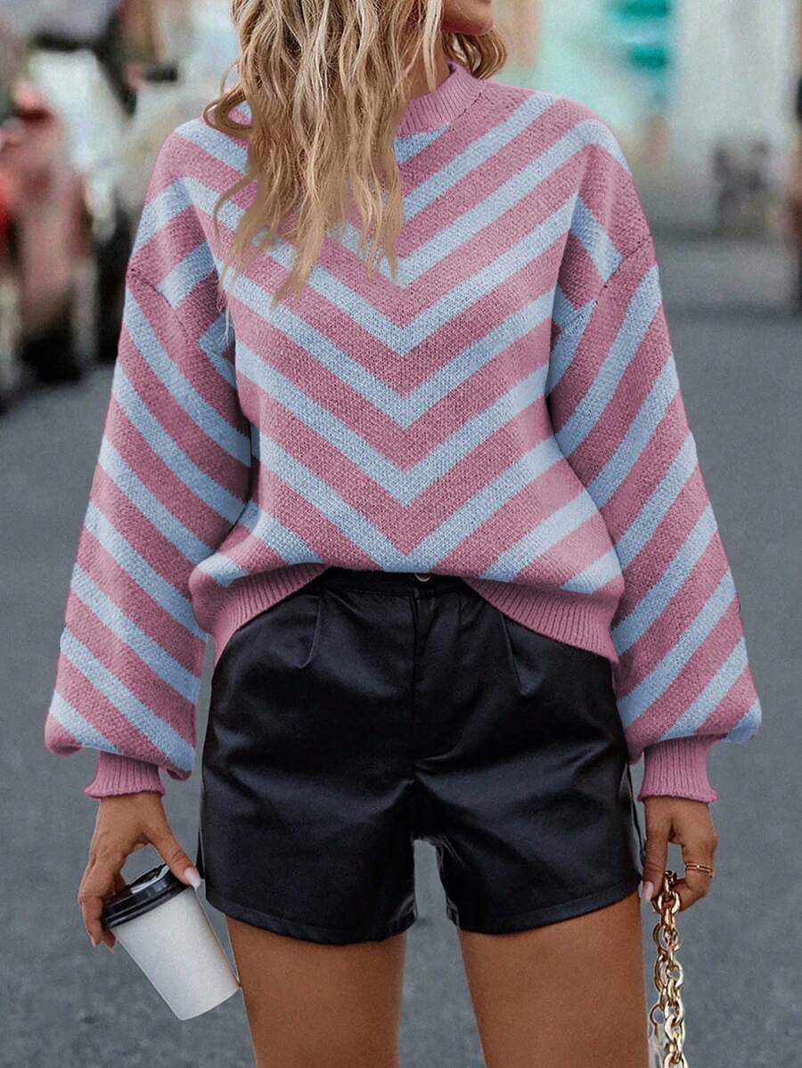 SHEIN LUNE Sweater Rajut Bergaris Lengan Lentera Kasual Wanita - Berwarna merah muda - View 1