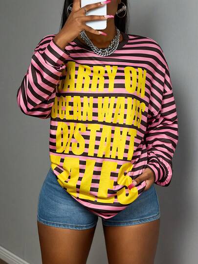 Slaydiva 2025 Autumn And Winter New Street Casual Loose Full-Length Letter Stripe Print Round Neck Long-Sleeved Women T-Shirt, Suitable For Back To School,Parties, Rave Outfits, Halloween Clothes, Night Out, Club Outfits Women Sexy, Brunch Outfits For Women,Street Fashion,Daily Outing-A