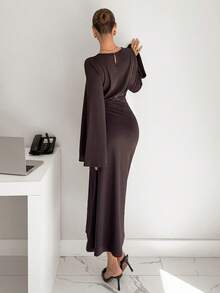 Siren Gaze Women's Dark Brown Elegant Long Sleeve Round Neck Flare Sleeve Pleated Side Slit Hem Fitted Dress,Autumn Fashionable Dining Chocolate Coffee Brown - Brown - View 2