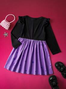 THE POWERPUFF GIRLS X SHEIN 小女孩可爱花朵、泡泡、毛茛图案圆领长袖针织拼接连衣裙 - 紫色 - 查看 3