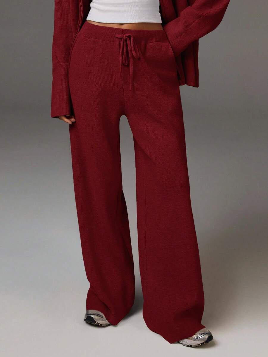 Athîral Burgundy Autumn Women's Casual Lounge Sweater Pants,Versatile Comfortable Loose Drawstring Knit Wide Leg Flare Sweatpants For Fall/Winter - Burgundy - View 1