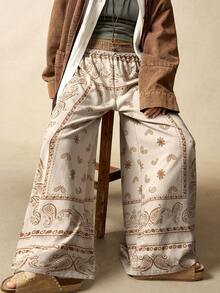 Bohemela BOHO Casual Vacation Nomadic Style Paisley Knit Print Loose Wide Leg Women Sweatpants, Autumn/Winter - Khaki - View 3