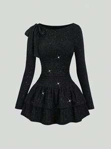 Sweetra 女士优雅露肩蝴蝶结迷你连衣裙，适合派对、正式场合、通勤和日常穿着，黑色亮面面料 - 黑色 - 查看 7