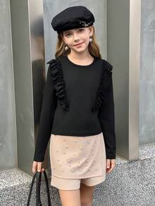 MODELY Mädchen 2-teiliges Set, bequemes geripptes Strickgewebe Rundhals Langarm T-Shirt mit Rüschenbesatz + Bubble Dekor Rock, eleganter britischer Stil Outfit für Frühling/Herbst Alltag & Ferien - Schwarz - Übersicht 6