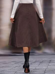 SHEIN LUNE 纯色纽扣装饰休闲高腰时尚半身裙 - 咖啡棕 - 查看 2