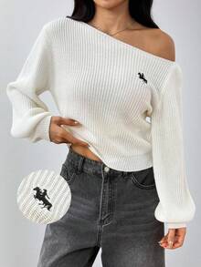 SHEIN PETITE Suéter de mujer con hombros en diagonal y costillas, manga larga, suéter con hombros descubiertos - Beis - Ver 3