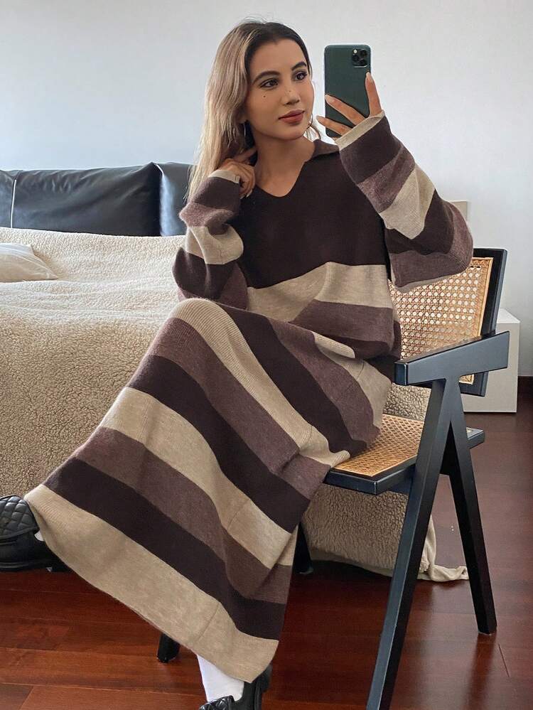 Loose Casual Business Style Elegant Brown Vintage Striped Knit Sweater Dress For Women, Autumn/Winter