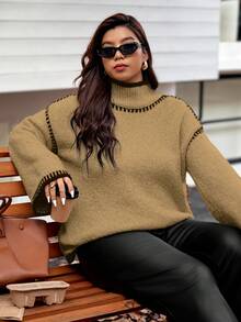 Vionelle Plus Size Women Knitted Pullover Sweater, Elegant Fashion Color Block Loose Fit Casual Versatile Top, Autumn/Winter Fall Sweater Jumper For Woman Brown Sweater Women Sweater Knitted Sweater - Khaki - View 4