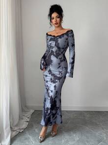 Modelyn Elegant Off Shoulder Ruched Mermaid Hem Dress With Lace Trim, High-End, Flattering, Suitable For Autumn/Winter - Multicolor - View 5