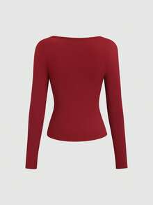 Sweetra 复古美式设计不对称肩部 T 恤，修身修身女式 T 恤，全新秋季系列 - 紅色 - 查看 2