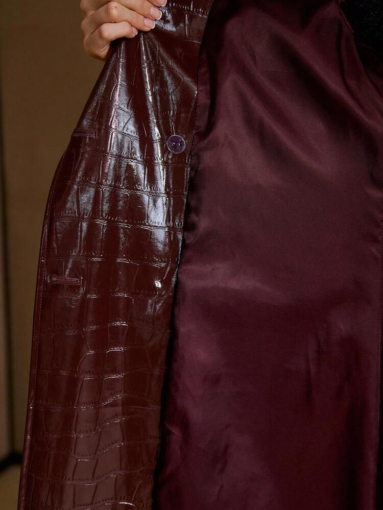 WOMEN'S ELEGANT COMMUTER LAPEL COLLAR CROCODILE TEXTURED PU LEATHER LONG TRENCH COAT