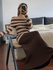DAZY 2pcs/Set Women Off-Shoulder Striped Sweater, Autumn/Winter - Coffee Brown - View 5