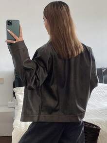 DAZY 女士休闲PU皮夹克，常规版型，秋季女式外套 - 咖啡棕 - 查看 2