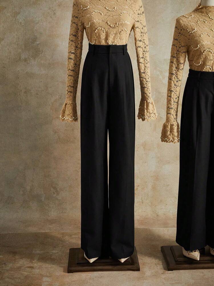 Elegant High-Waisted Pleated Design Women's Suit Pants, Black Straight Leg Trousers, Suitable For Commuting, Tall, Fall, Winter, Summer, Spring, New Year, Party, Wedding, Elegant, Chic, Stylish, Business Casual