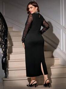 Gownix 大码女士长款串珠晚礼服，优雅黑色连衣裙，适合派对和各种场合，秋冬季圣诞节皆宜。 - 黑色 - 查看 3