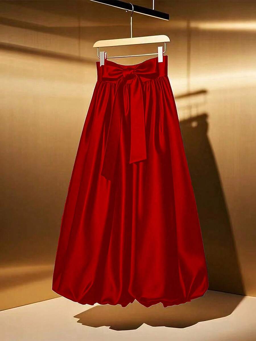 GlowEve CURVE Falda de burbuja floral con lazo decorativo, elegante y de moda para mujer de talla grande - Rojo - Ver 1